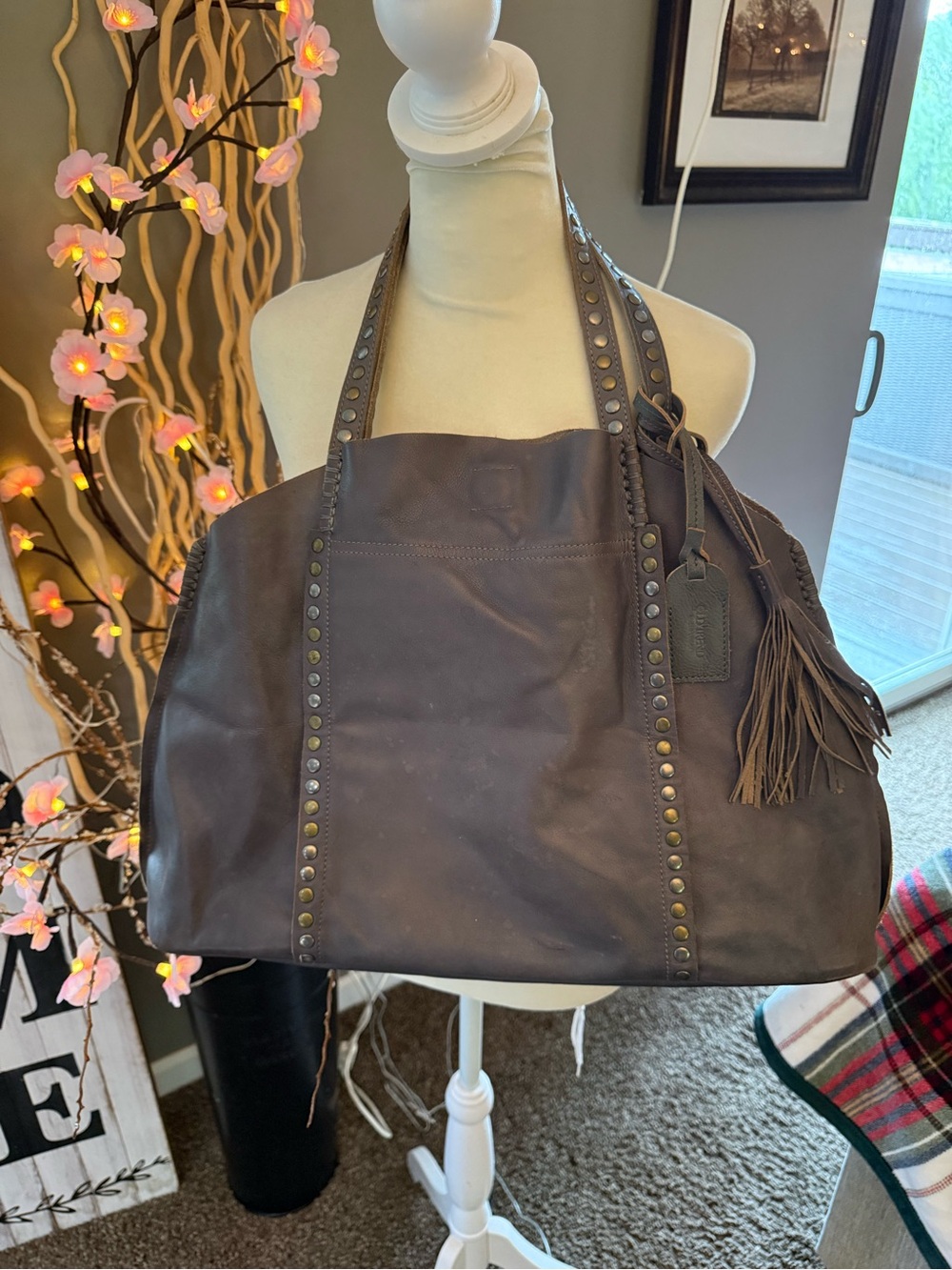 Old Trend Studded Leather Shoulder Tote in Dark Brown with Tassel